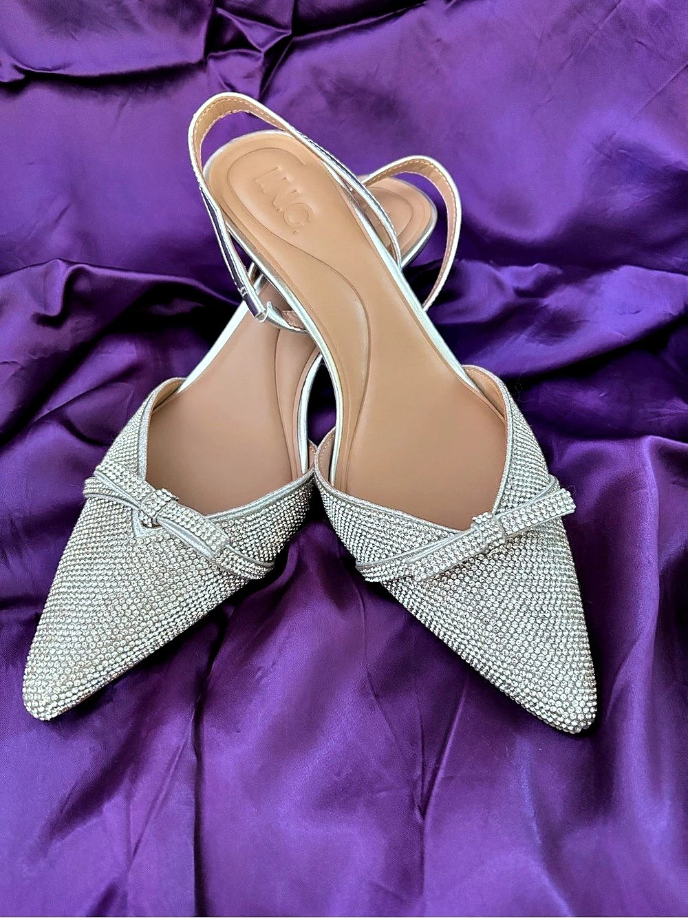 INC Rhinestone Bow Slingback Heels in Silver